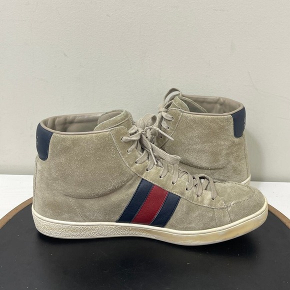 Gucci Sneakers Mens Size 8G Beige Suede Web Stripe High Top Sneakers Italy